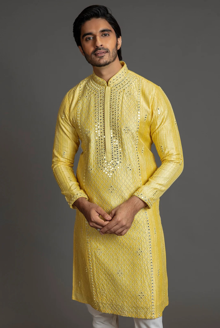 YELLOW MIRROR WORK KURTA SET