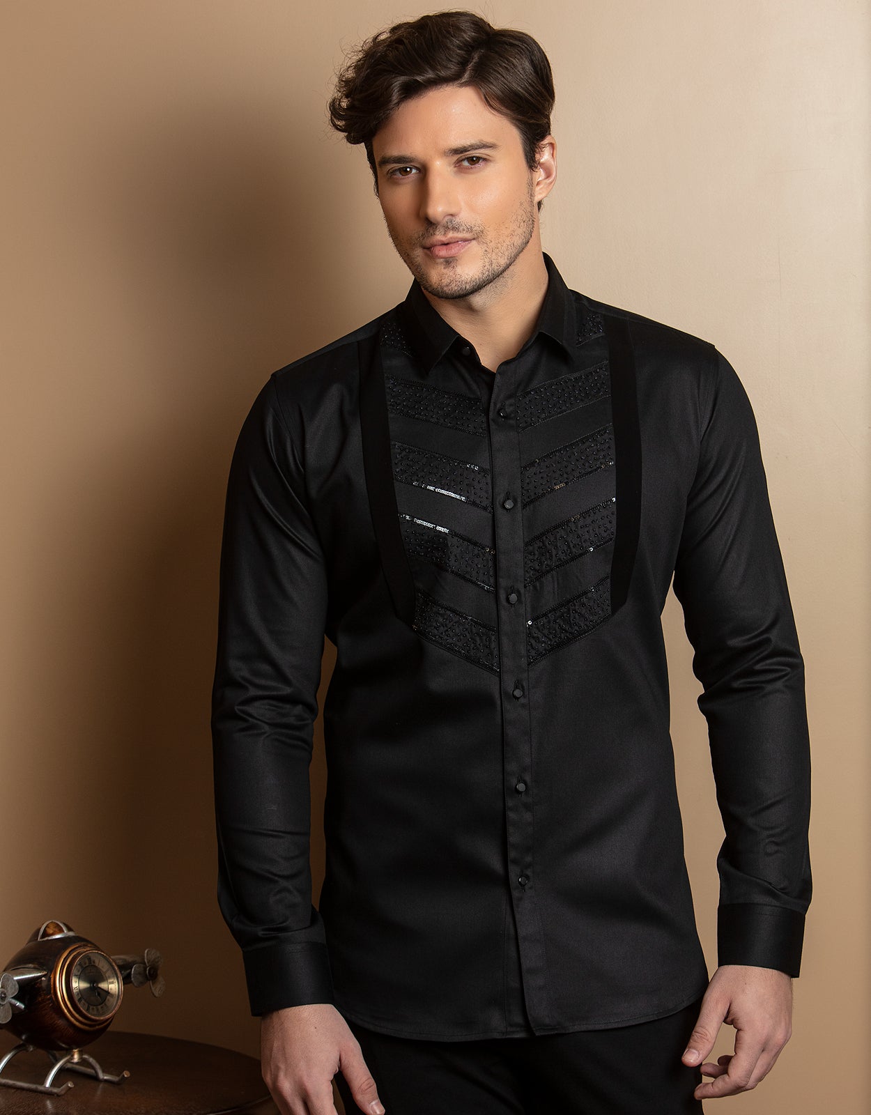 GLITTERY BLACK EMBROIDERED SHIRT