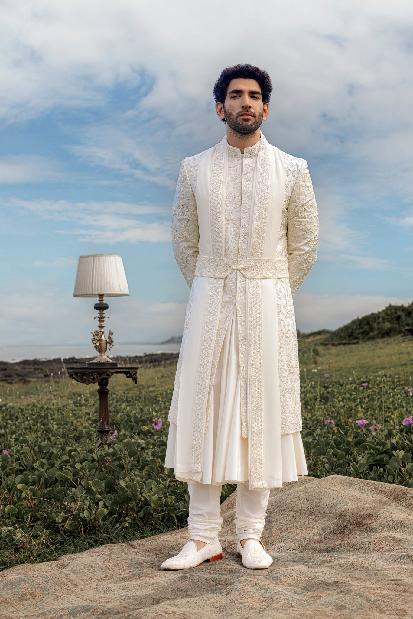 Light Ivory Colour Organza Fabric Sherwani