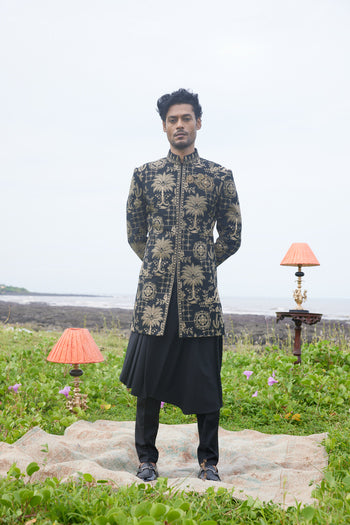 Black Coloured Pashmina Silk Indo-Western Set