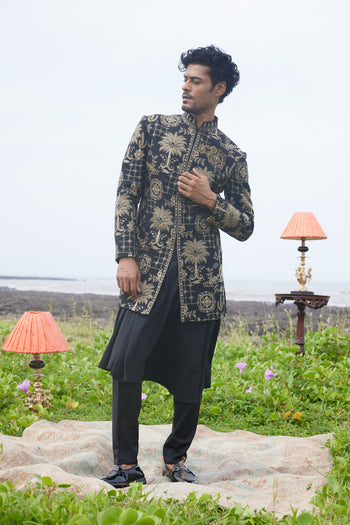 Black Coloured Pashmina Silk Indo-Western Set