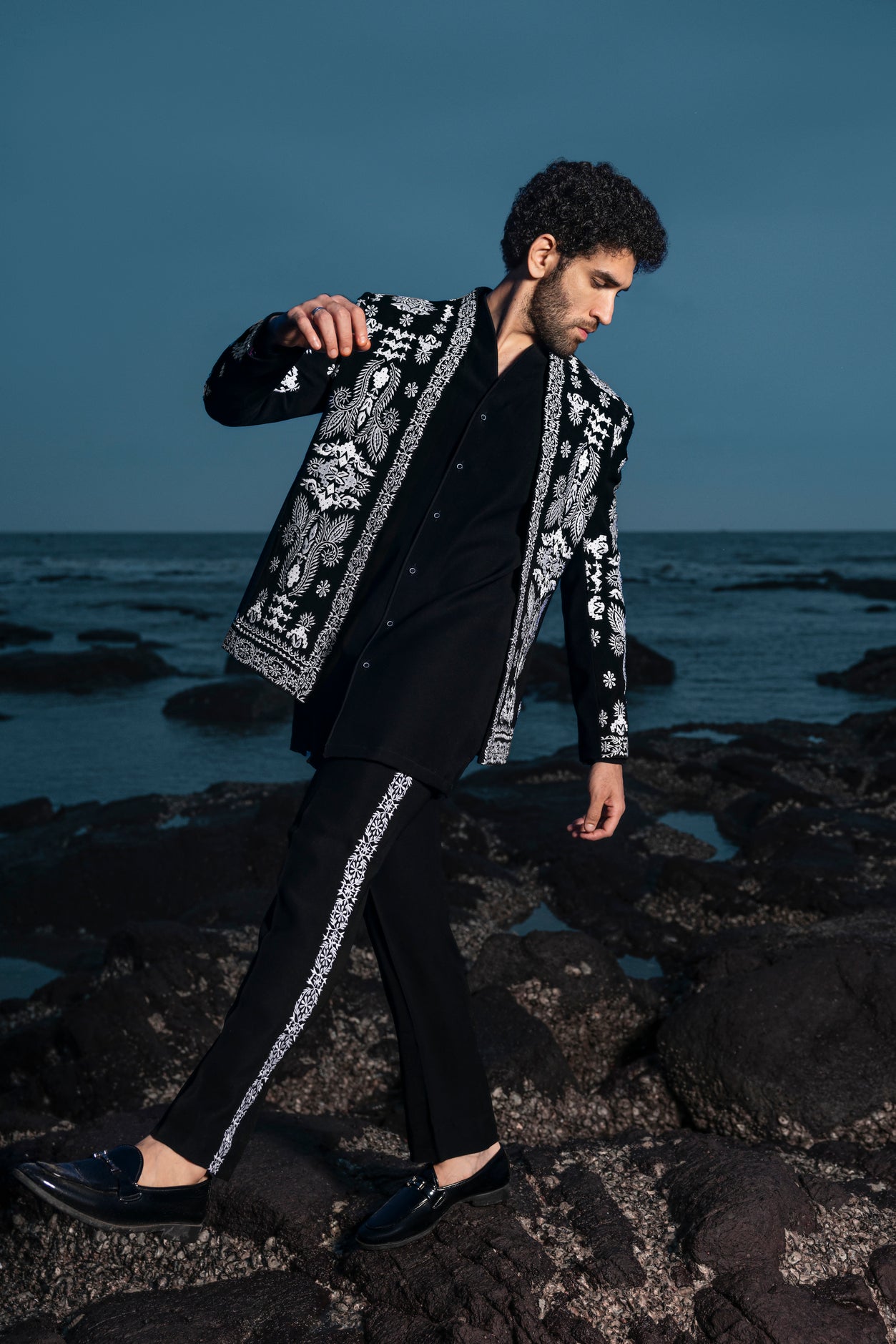Black and White Colour High-Neck Indo-Western Set