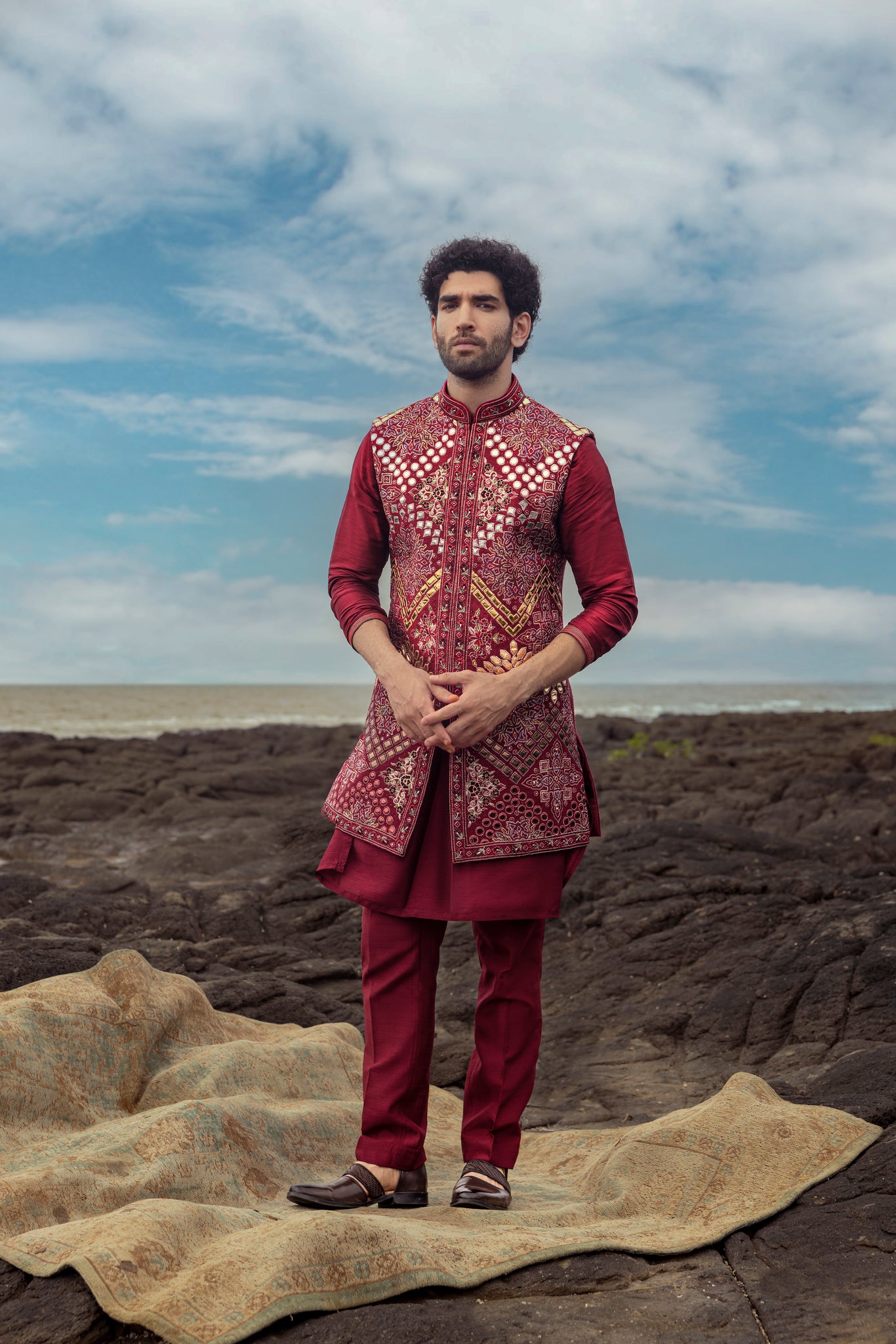 Cherry Red Coloured Matka Silk Bundi Set