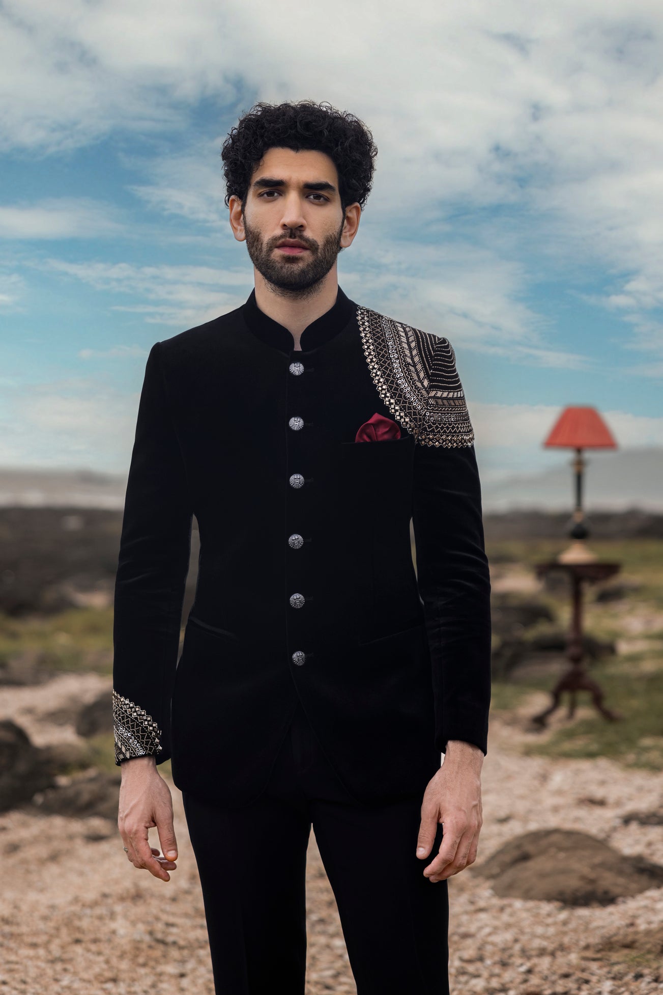 Black Colour Soft Velvet Fabric Bandhgala