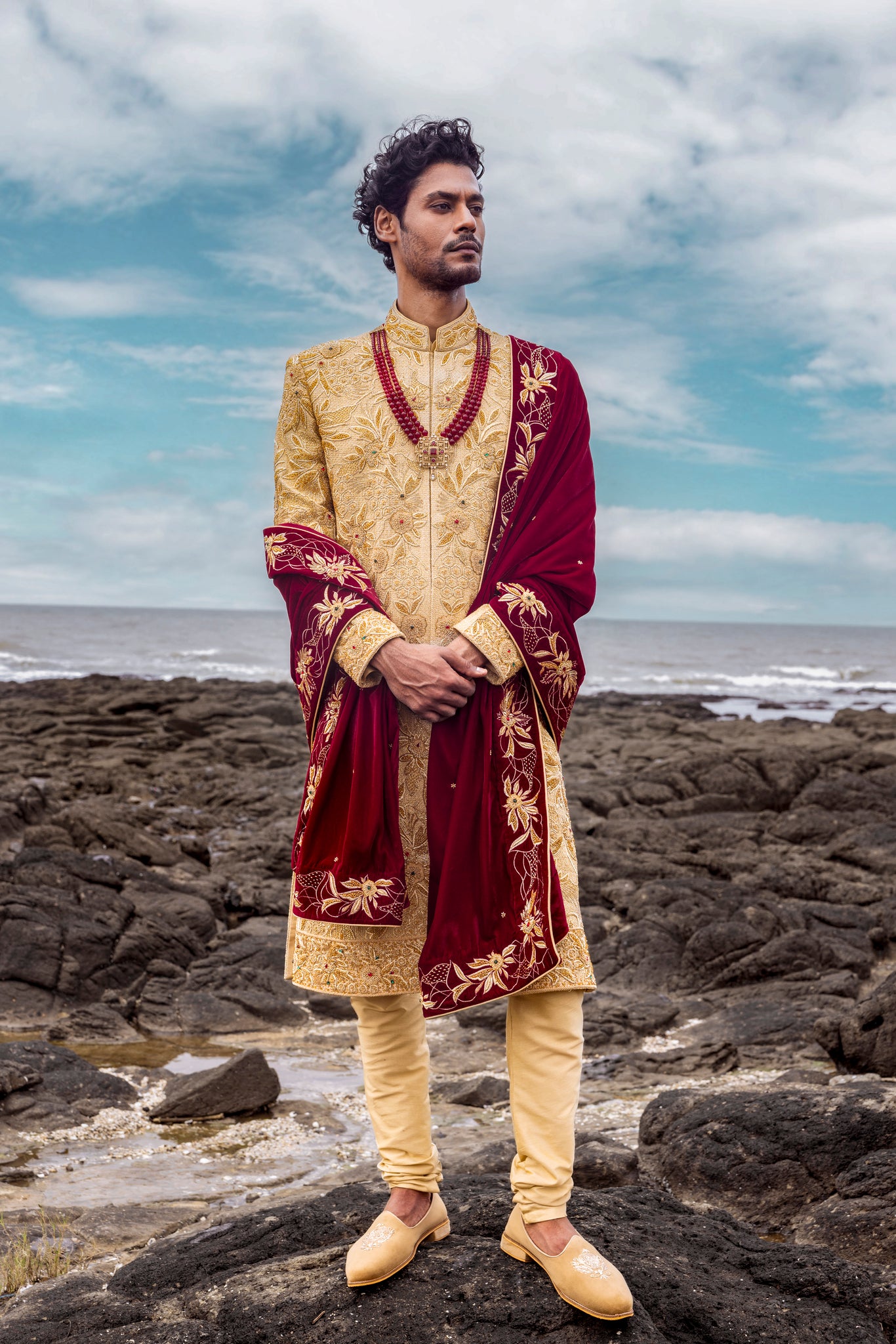 Gold Colour Pure Matka Silk Fabric Sherwani