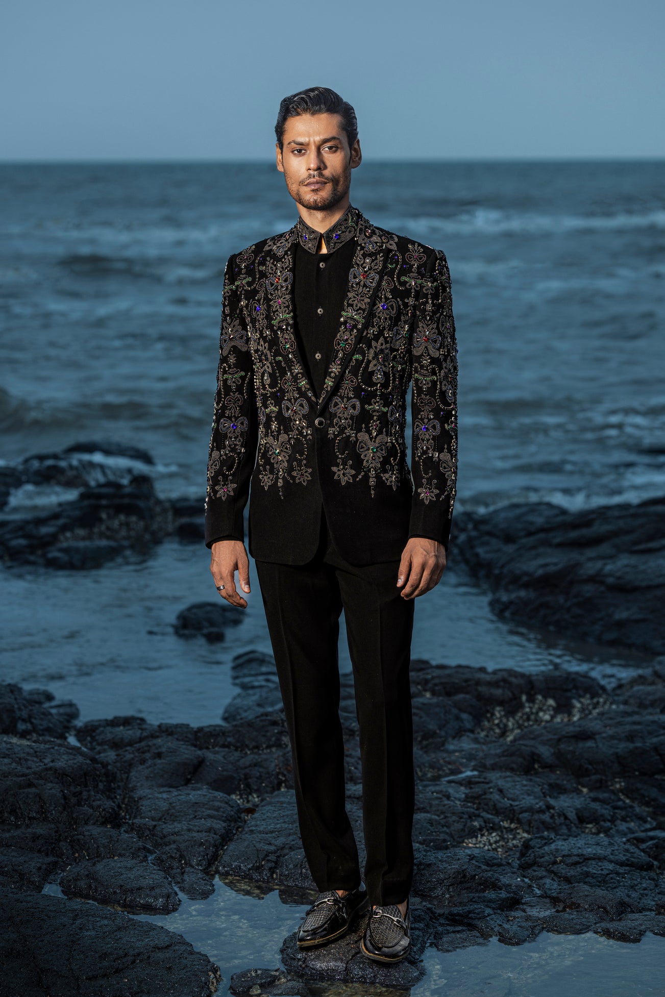 Black Metallic Hand Embroidery Tuxedo