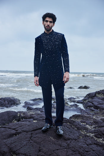 Midnight Blue Colour Velvet Indo-Western Set