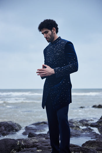 Midnight Blue Colour Velvet Indo-Western Set