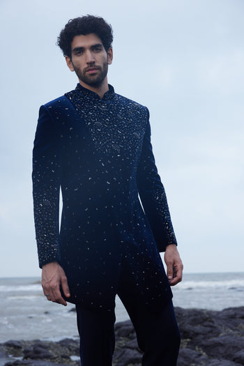 Midnight Blue Colour Velvet Indo-Western Set