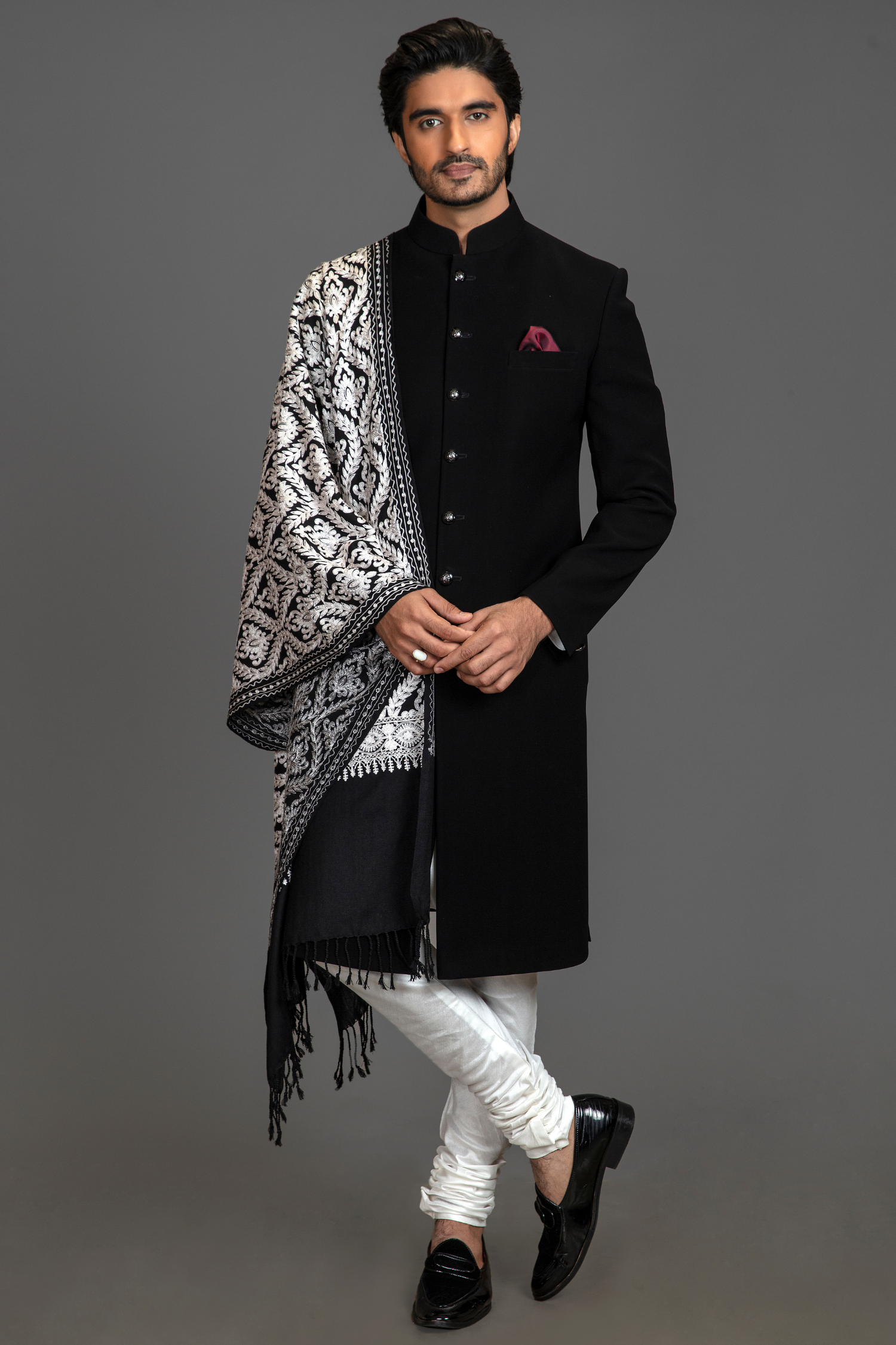 CLASSIC BLACK ACHKAN WITH SHAWL