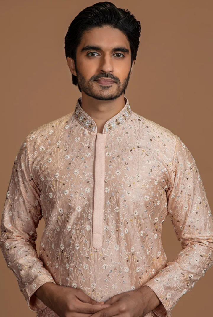 PEACH FLORAL EMBROIDERY KURTA SET
