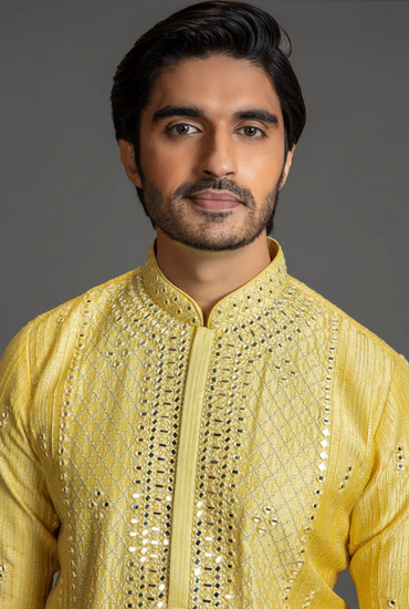 YELLOW MIRROR WORK KURTA SET