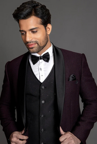 WINE SELF TEXTURED TUXEDO SUIT