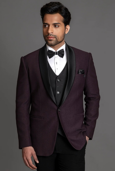 WINE SELF TEXTURED TUXEDO SUIT