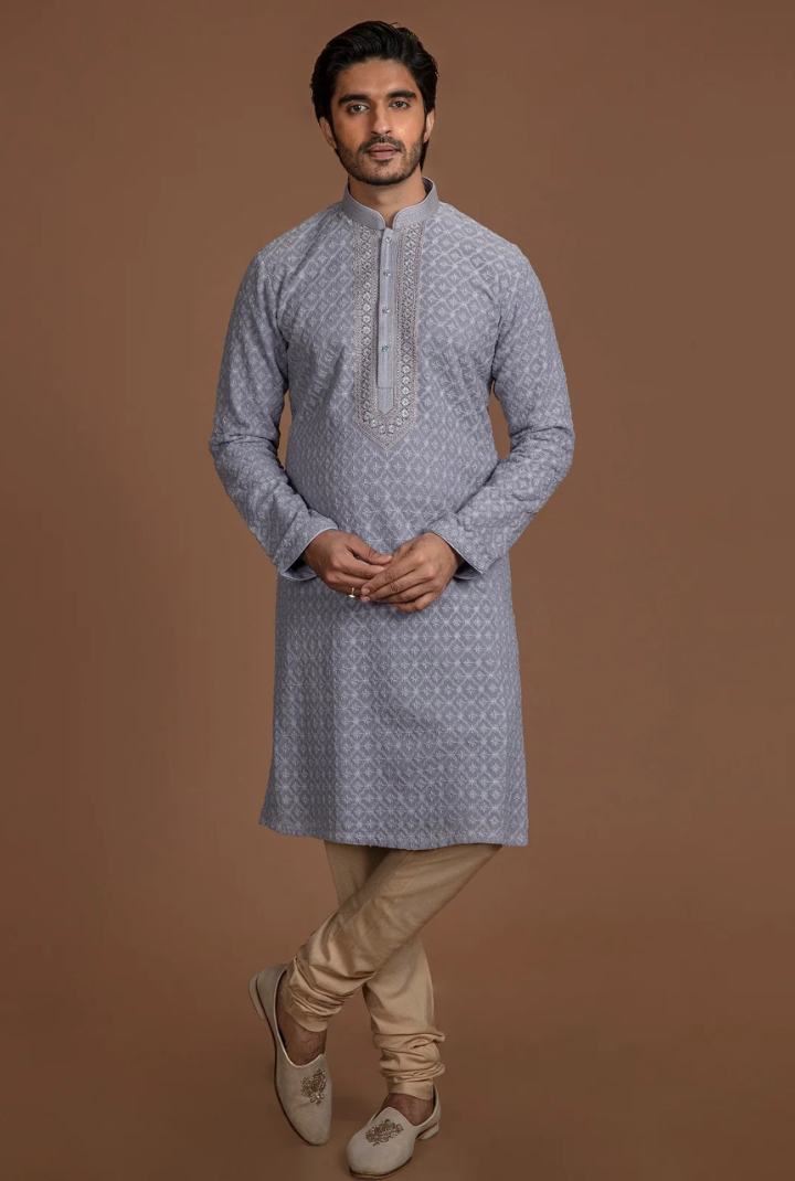 PASTEL GREY CHIKANKARI KURTA SET