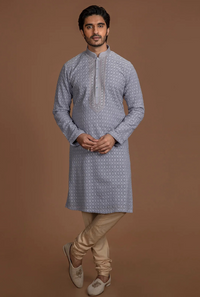 PASTEL GREY CHIKANKARI KURTA SET
