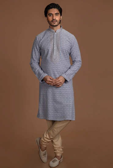 PASTEL GREY CHIKANKARI KURTA SET