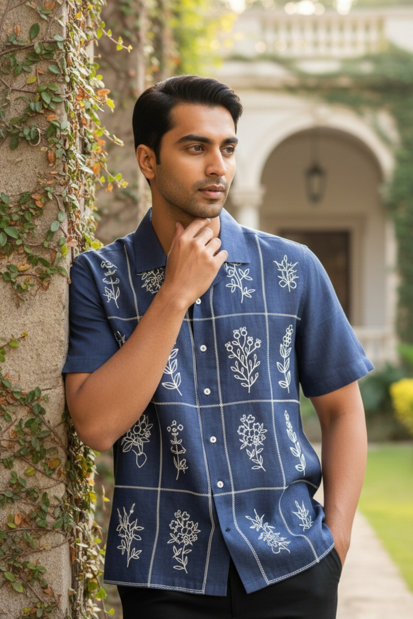 Blue Linen Cuban Collared Shirt