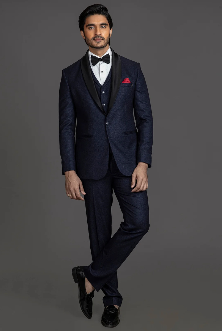 SELF TEXTURED BLUE TUXEDO SUIT