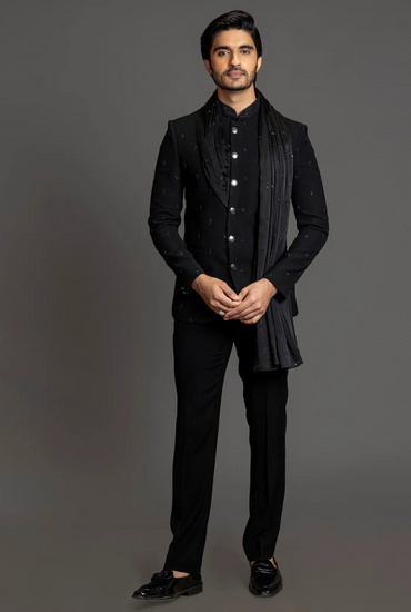 CLASSIC BLACK BANDHGALA WITH STOLE