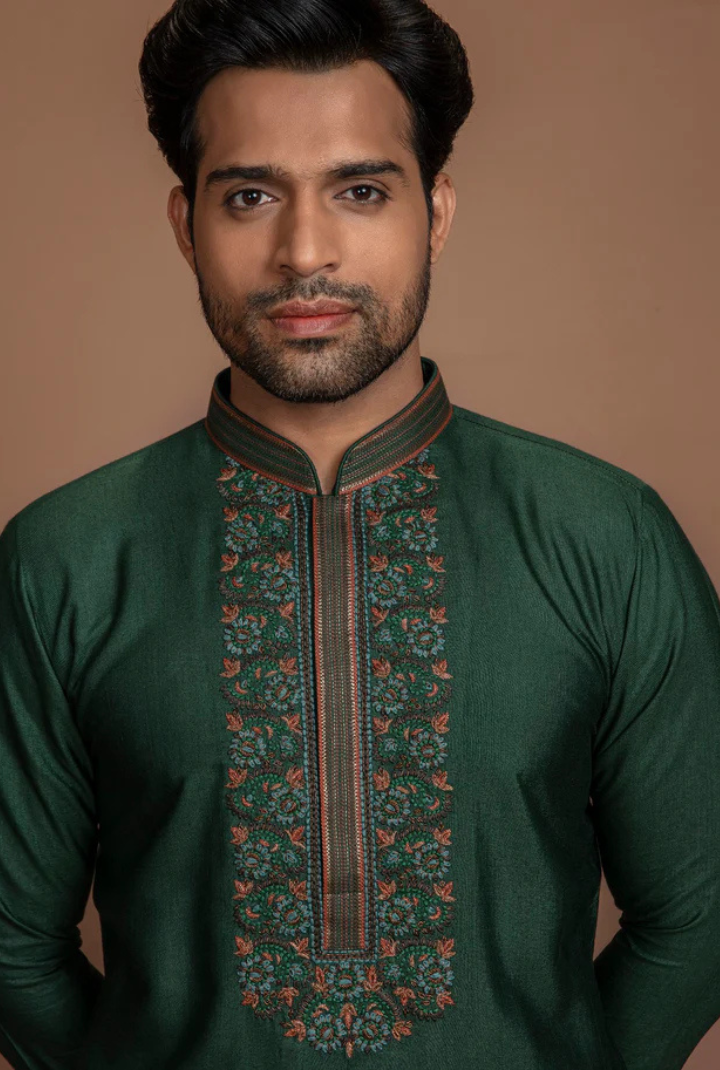 BOTTLE GREEN MULTI COLOUR EMBROIDERY KURTA SET