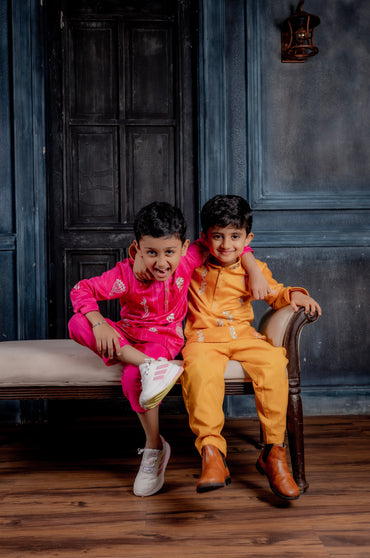 Hot Pink & Yellow Kurta Hand Embroidered Work