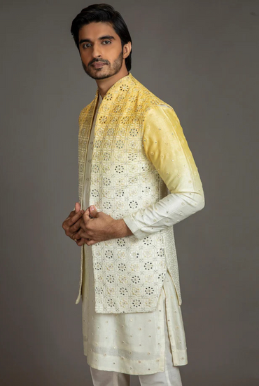 Ombre Dyed Mirror Work Open Yellow Bundi Set