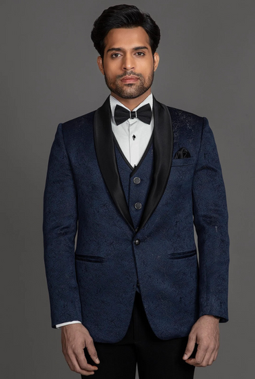 FLORAL JACQUARD NAVY BLUE TUXEDO SUIT