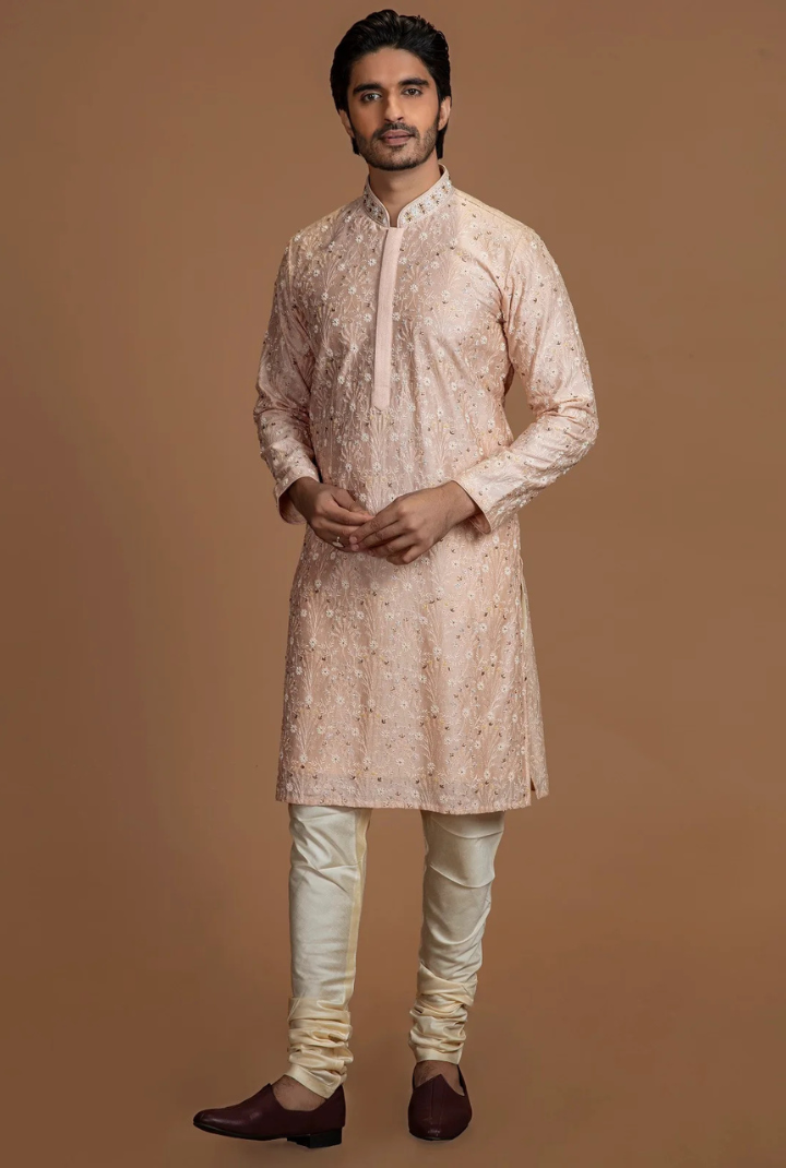 PEACH FLORAL EMBROIDERY KURTA SET
