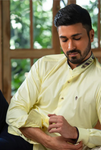 STRIPPED BELT MANDARIN COLLAR SHIRT