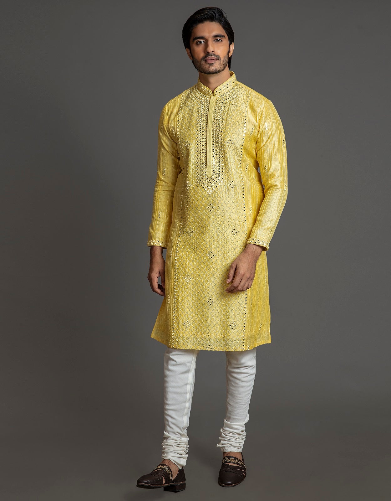 YELLOW MIRROR WORK KURTA SET