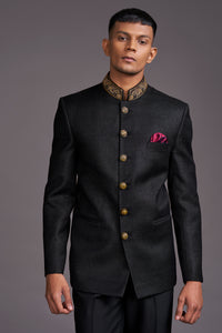 BLACK SILK BANDHGALA SET