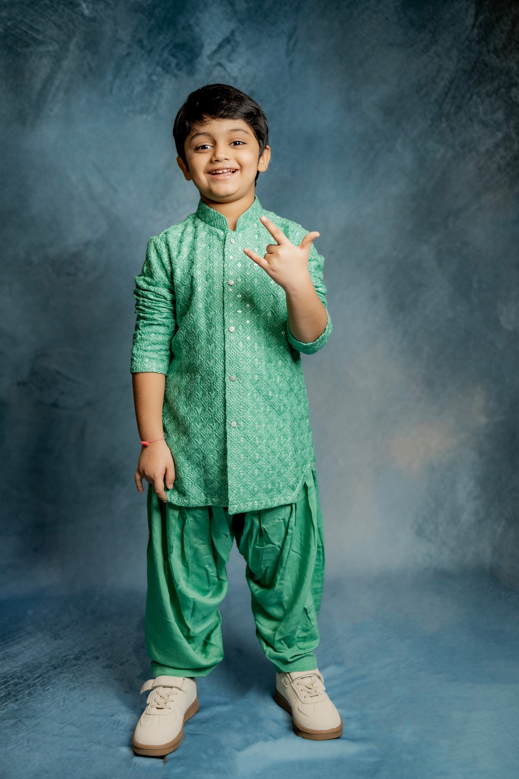 GREEN LUCKNOWI KURTA WITH PATIYALA