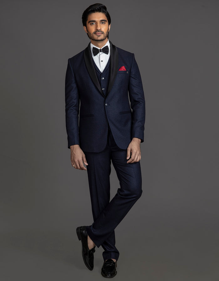 SELF TEXTURED BLUE TUXEDO SUIT