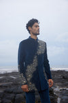 Teal Blue Velvet Fabric Contemporary Indo-Western Set