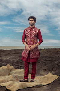 Cherry Red Coloured Matka Silk Bundi Set