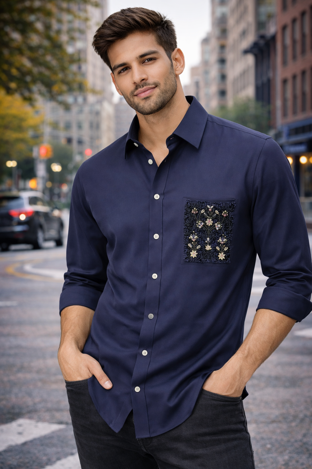 Blue Pocket Embroidery Shirt