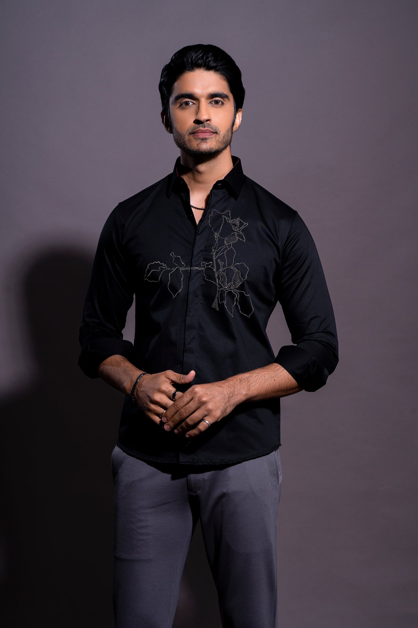 Floral Hand Embroidered Shirt - Black