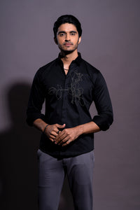 Floral Hand Embroidered Shirt - Black