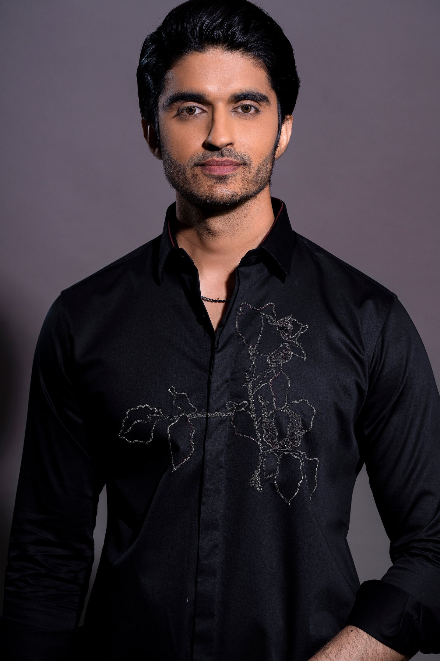 Floral Hand Embroidered Shirt - Black