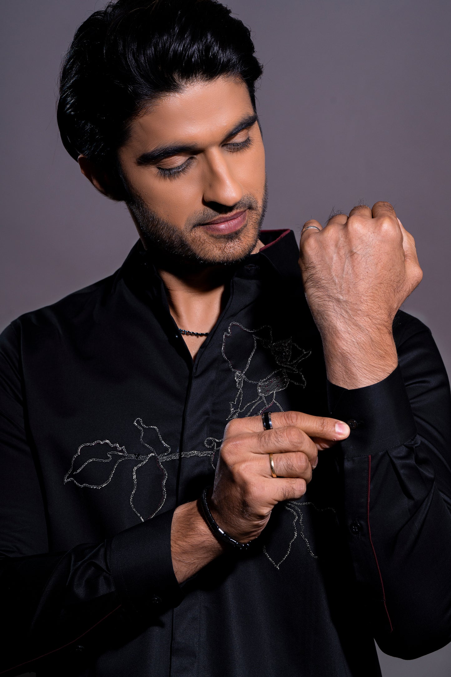 Floral Hand Embroidered Shirt - Black