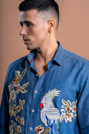 Floral Hand Embroidered Shirt - Blue